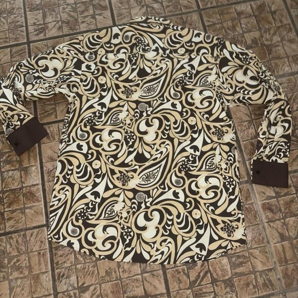 Dtek Jeans Men Shirt Sz Large Brown White Double Collar French Cuffs EUC - Picture 2 of 5